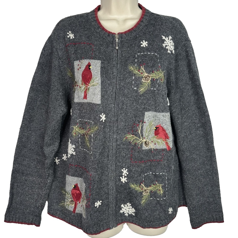 Croft & Barrow Christmas Sweater L Wool Blend Cardinal Snowflake Zip Cardigan